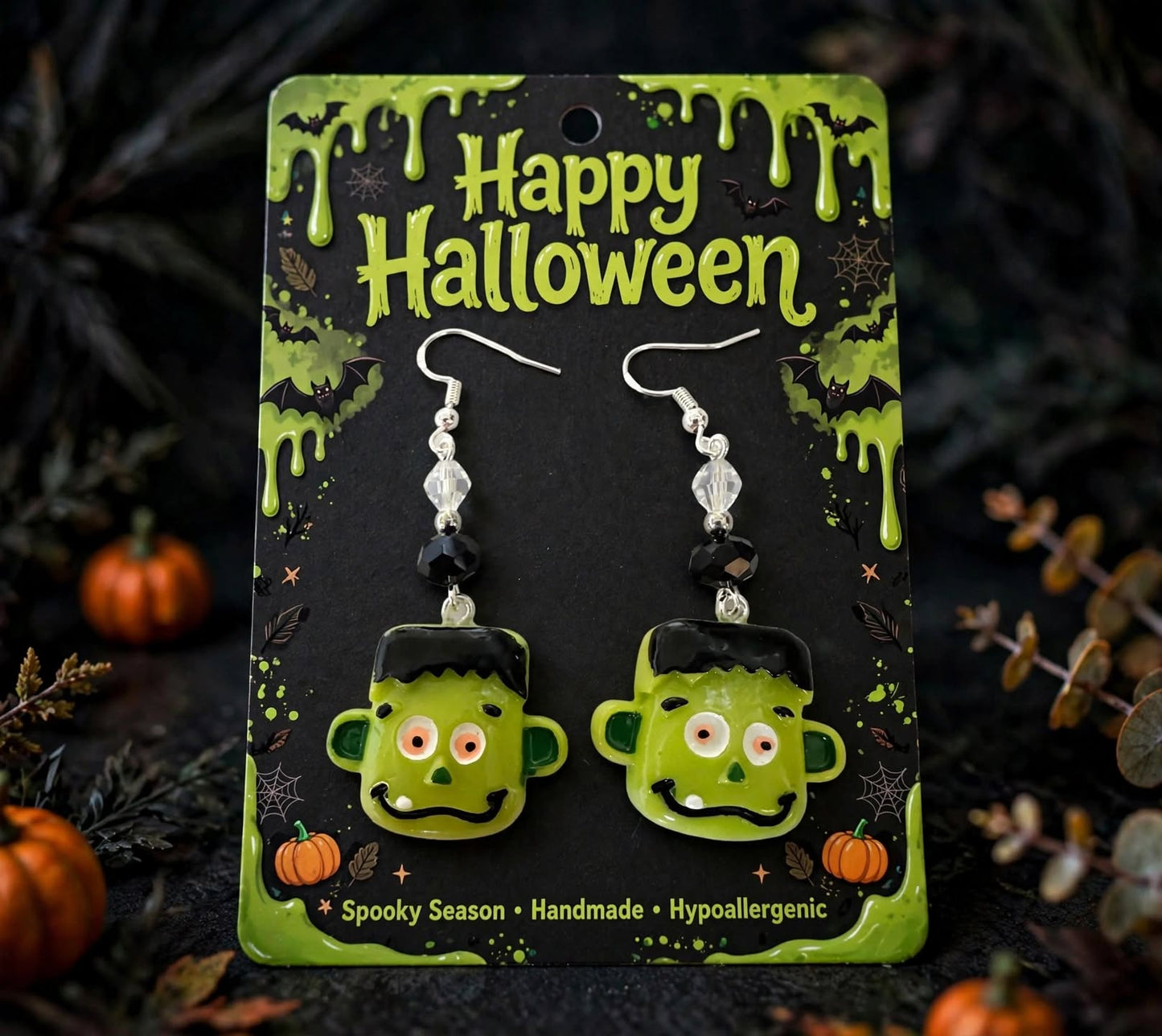 Handmade Frankenstein Head Clay & Resin Earrings - Cute Halloween Dangle Jewelry