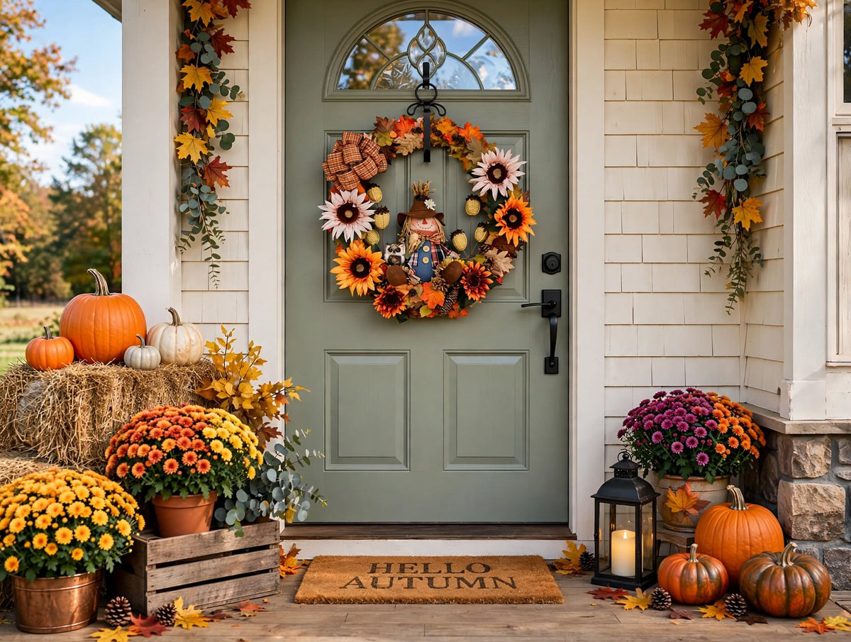Fall Scarecrow Wreath - 26 Inch Autumn Sunflower Wreath with Owl, Plaid Bow & Maple Leaves - Front Door Fall Wreath-Large Wreath
