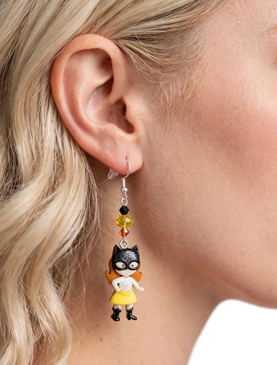 Superhero Batgirl Inspired Dangle Earrings Nylon Button Earrings Costume Fun Jewelry