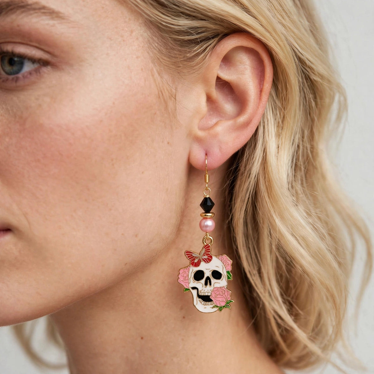 Pink Rose Sugar Skull Enamel Earrings - Day of the Dead Dangle Jewelry