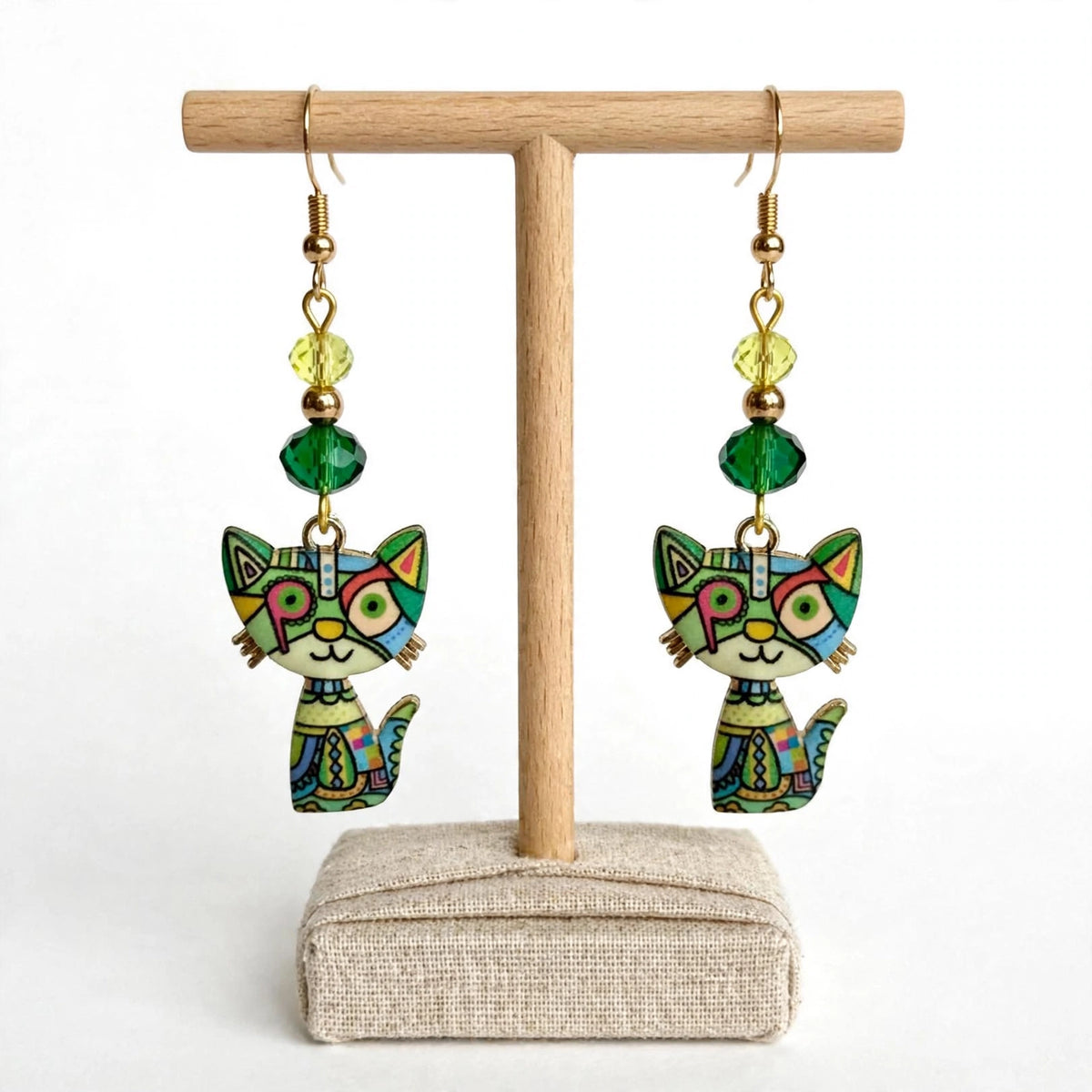 Green Colorful Cat Enamel Charm Earrings - Abstract Dangle Jewelry