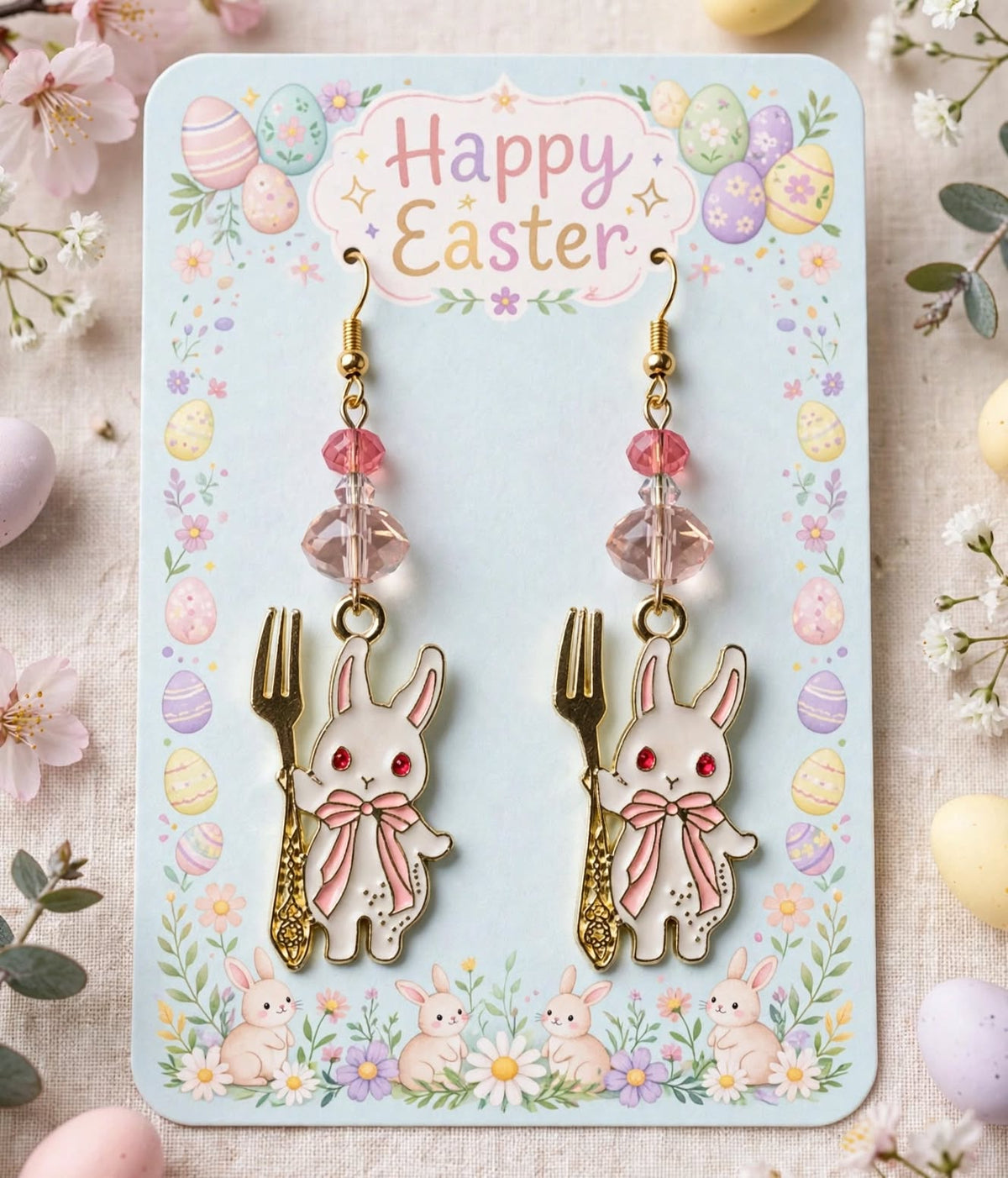 Fancy Fork Easter Bunny Enamel Charm Earrings - Cute Dangle Jewelry
