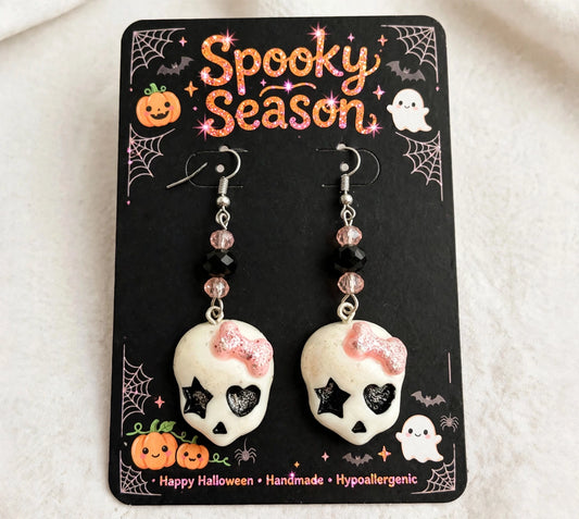 Hearts & Stars Skull Clay Resin Earrings - Gothic Dangle Jewelry