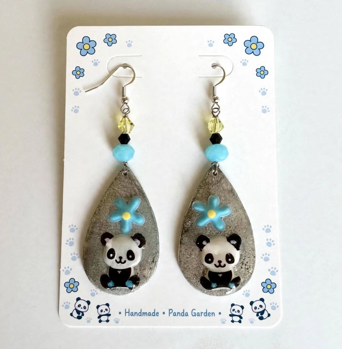 Whimsical Floral Panda Clay & Resin Earrings - Cute Teardrop Jewelry