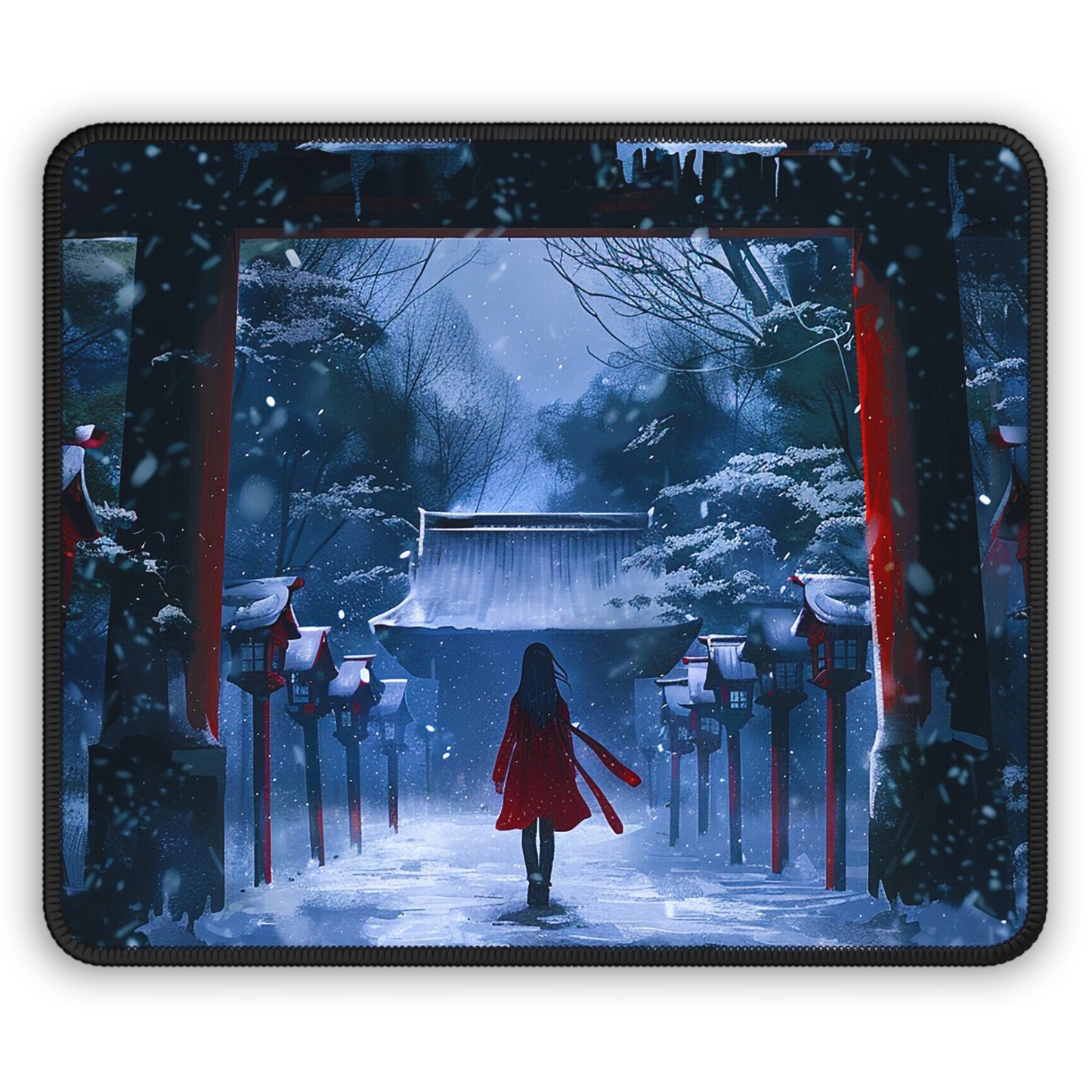 Japanese Snowy Shinto Shrine Girl Gaming Mouse Pad