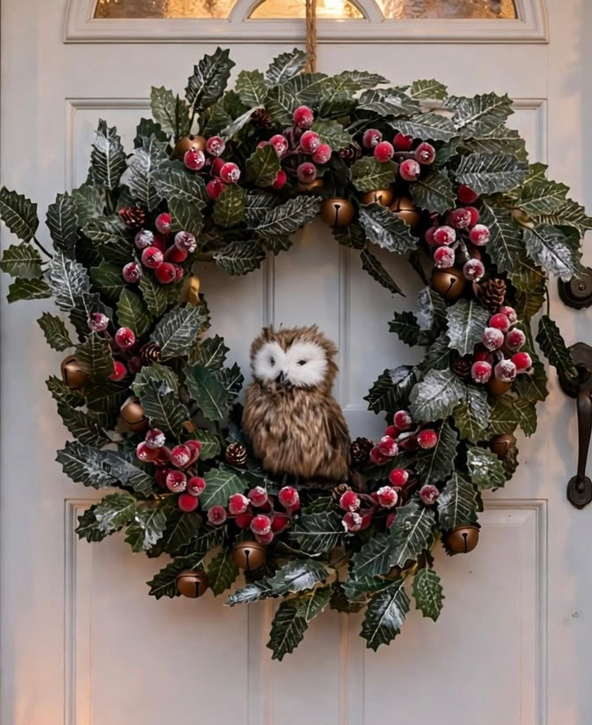 Frosted Christmas Wreath with Owl - 15 Inch Holly Berry Wreath with Red Berries, Pinecones and Gold Jingle Bells - Rustic Winter Door Wreath
