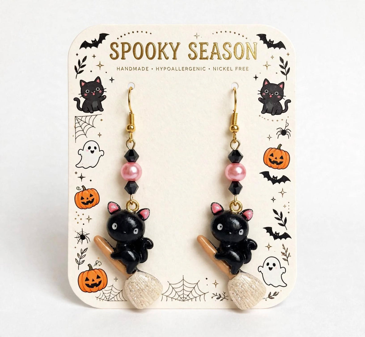 Black Cat Broomstick Halloween themed Clay & Resin Earrings - Festive Cute Dangle Jewelry