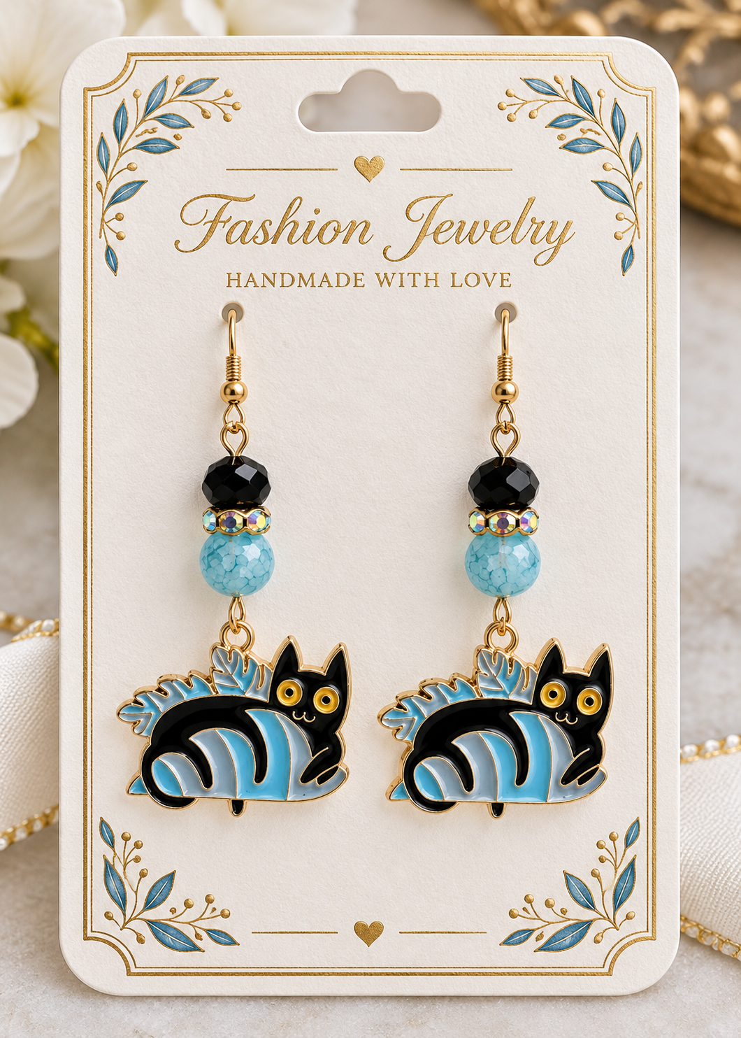 Playful Sugar Skull Cat Enamel Dangle Earrings – Halloween & Day of the Dead Jewelry