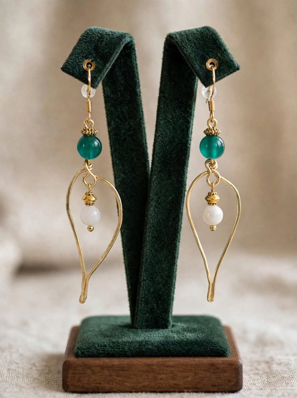 Emerald Green Jade Leaf Earrings - Gold Teardrop  Earrings - White Moonstone Dangle Earrings - Boho Gemstone Earrings - Gift for Her