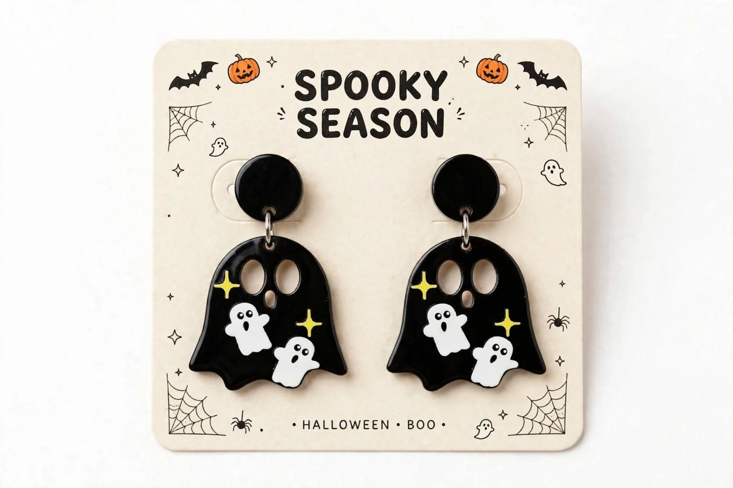 Black Sparkly Ghost Acrylic Earrings - Cute Halloween Stud Jewelry