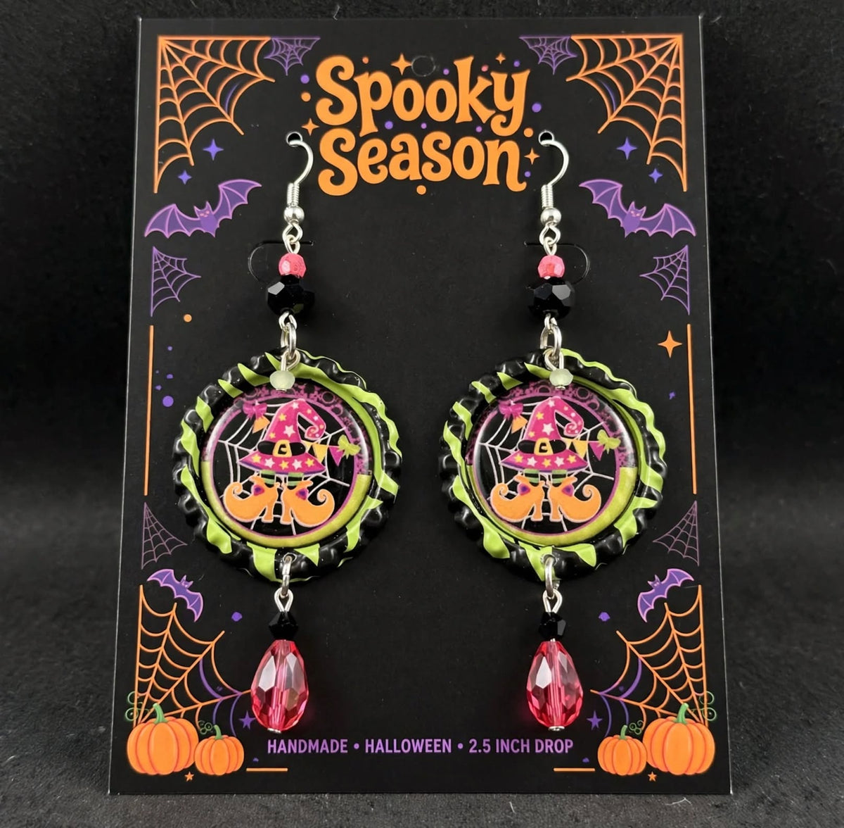 Halloween Witchy Bottlecap Earrings - Spooky Cute Dangle Jewelry