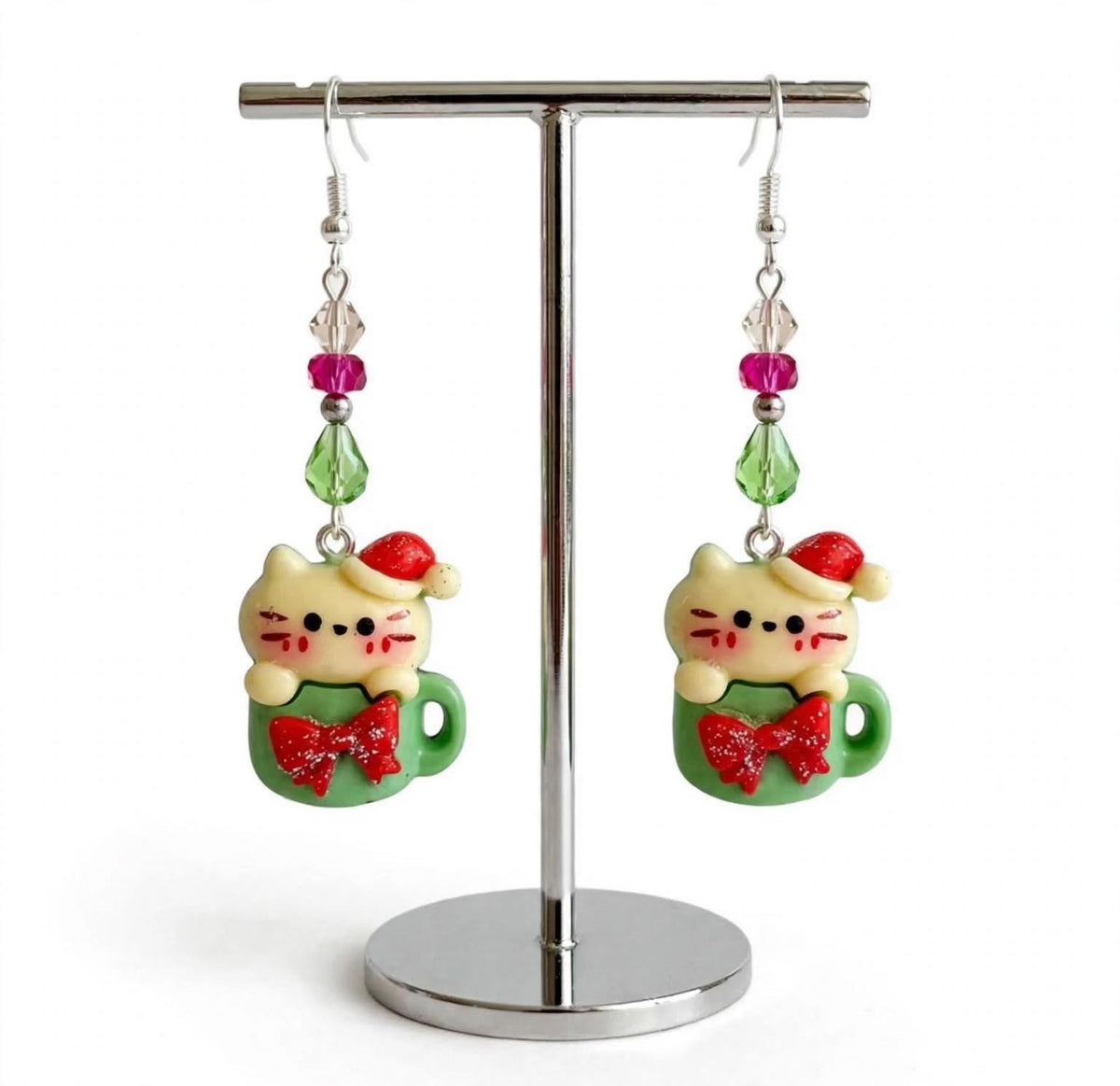 Festive Christmas Cat in Mug Earrings - Clay & Resin Holiday Jewelry