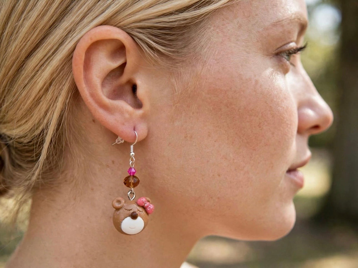 Sweet Bear Pink Bow Earrings - Clay & Resin Charming Jewelry
