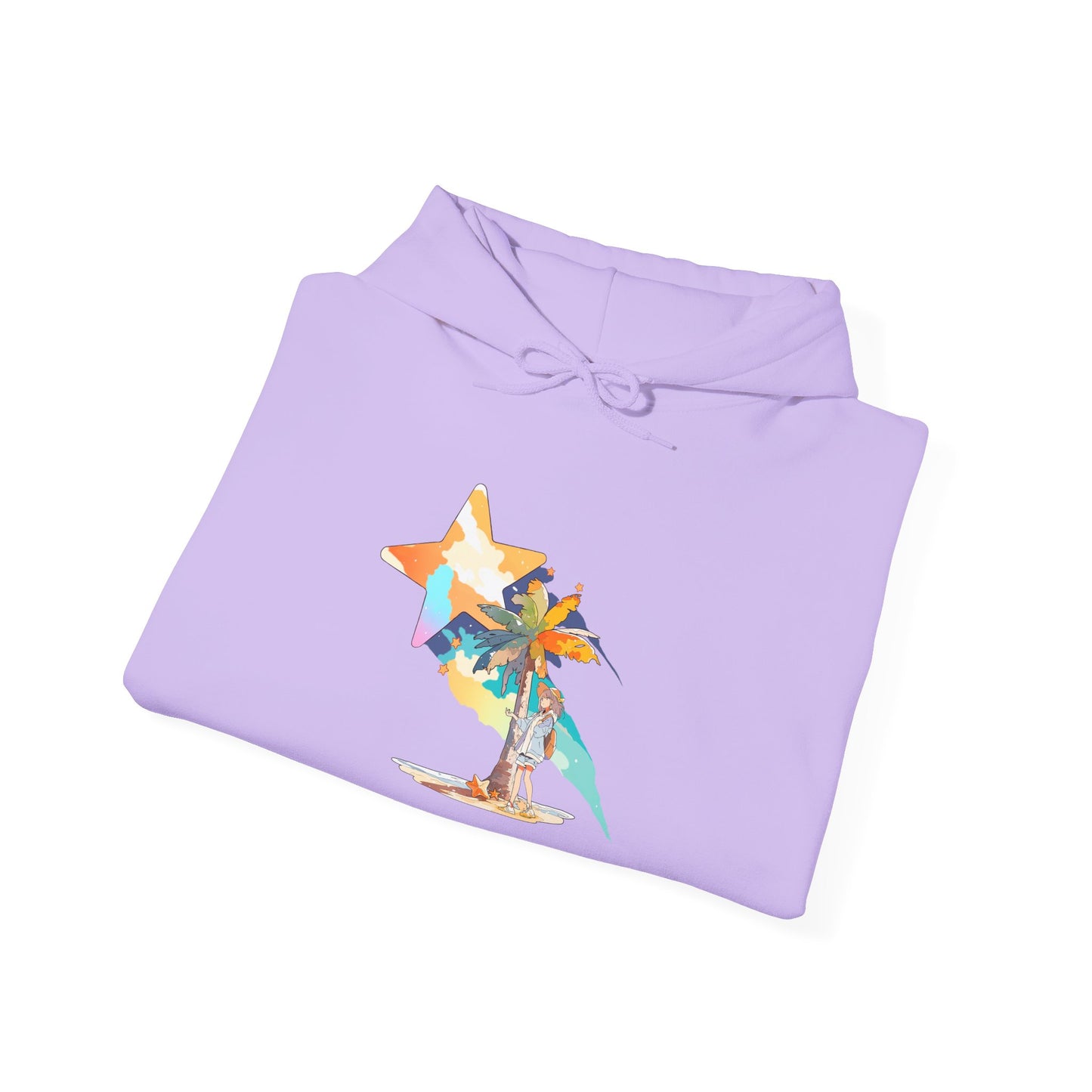 Anime Summer-Themed Unisex Heavy Blend™ Hooded Sweatshirt with Art of Girl & Coconut Tree under a Shooting Star - Warm Tropical Vibes