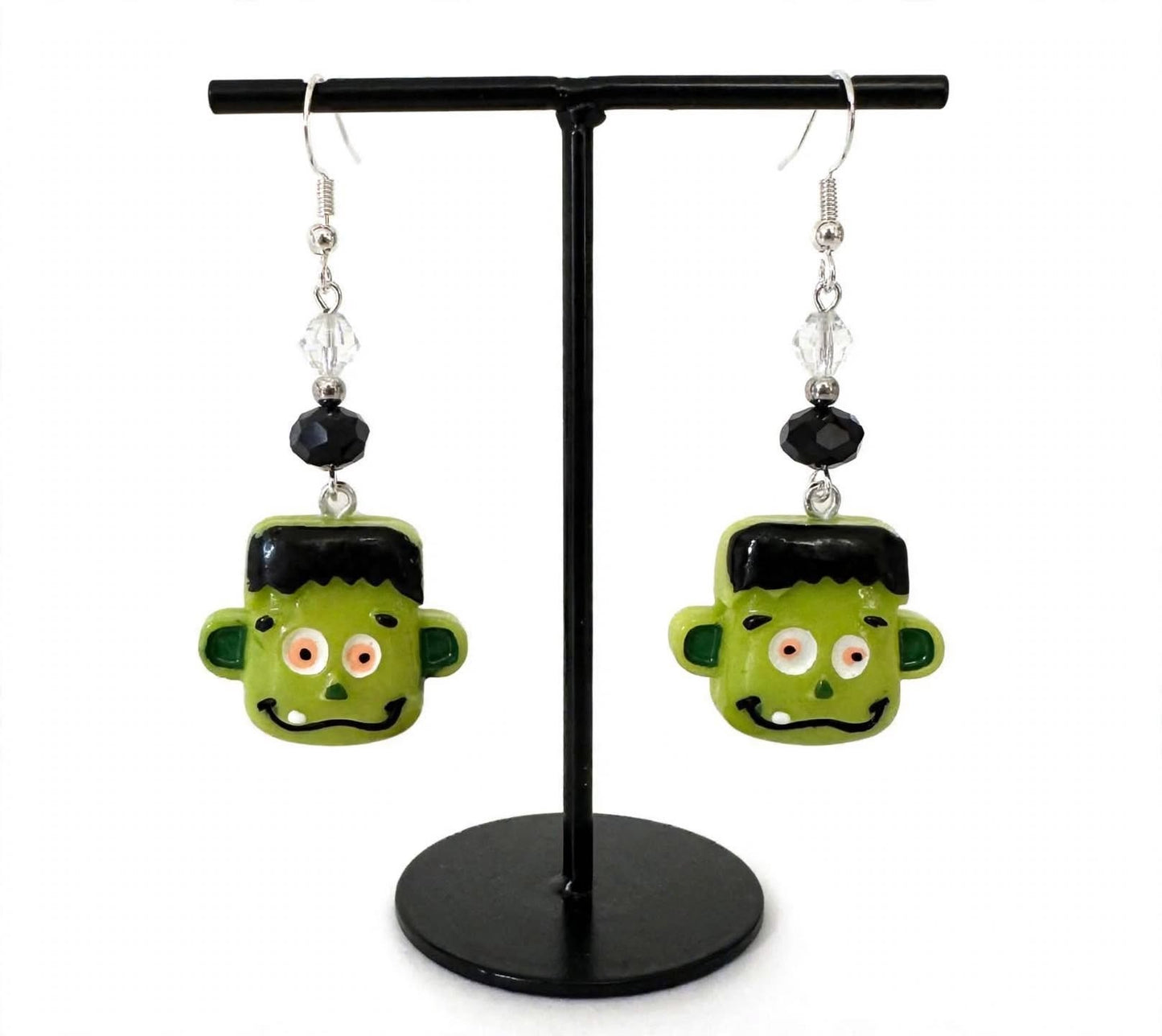Handmade Frankenstein Head Clay & Resin Earrings - Cute Halloween Dangle Jewelry