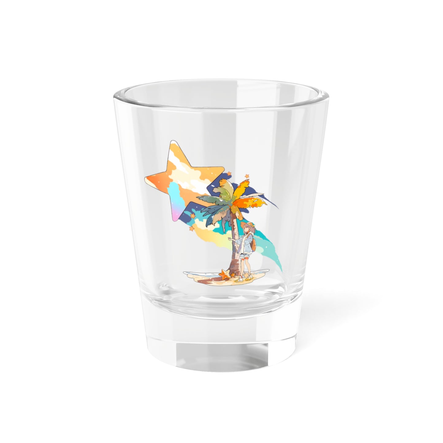Anime Summer - Themed Shot Glass, 1.5oz with Art of Girl & Coconut Tree under a Shooting Star - Warm Tropical Vibes