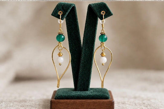 Emerald Green Jade Leaf Earrings - Gold Teardrop  Earrings - White Moonstone Dangle Earrings - Boho Gemstone Earrings - Gift for Her