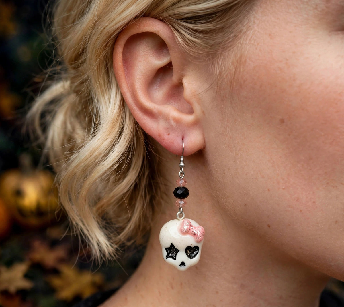 Hearts & Stars Skull Clay Resin Earrings - Gothic Dangle Jewelry