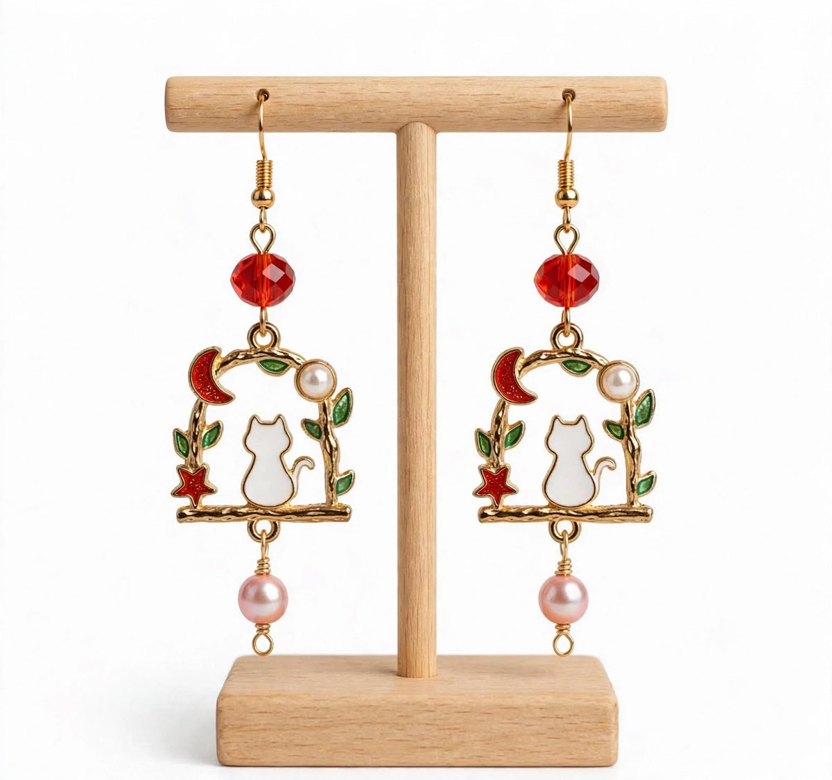 Enamel Cat & Moon Charms Dangle Earrings with Glass Beads