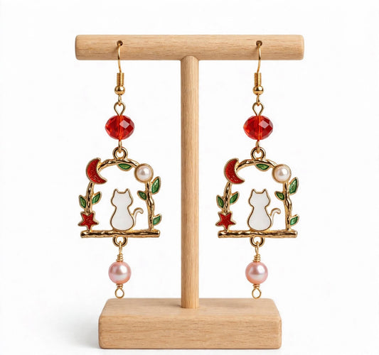 Enamel Cat & Moon Charms Dangle Earrings with Glass Beads