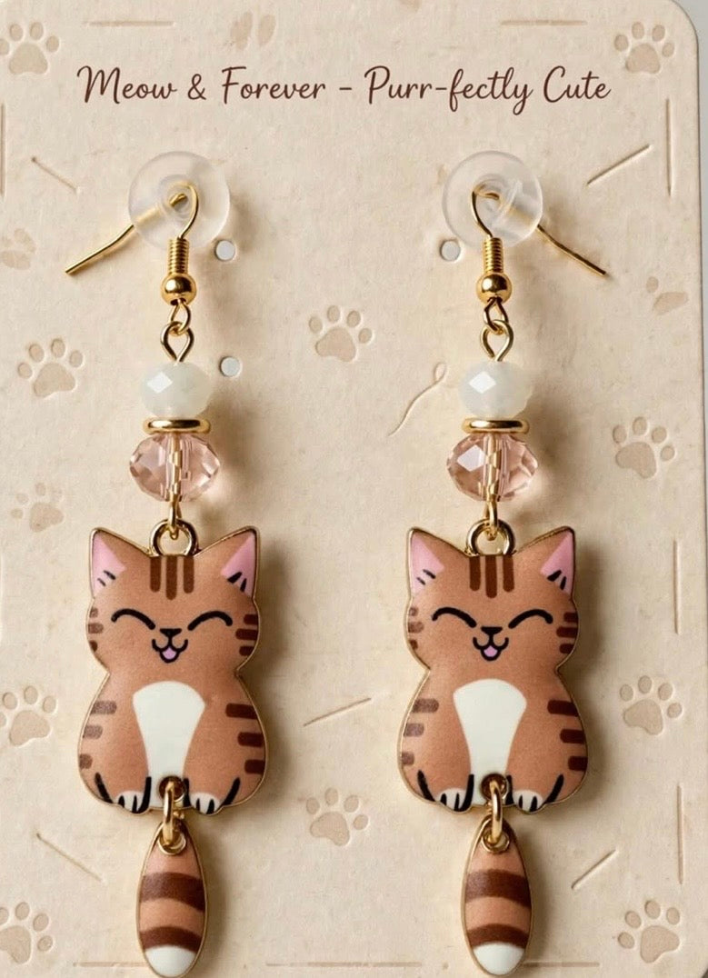 Swinging Cutie Kitty - Grinning Tabby Cat Enamel Earrings - Dangle Jewelry