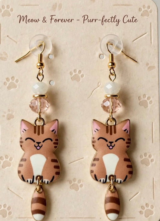 Swinging Cutie Kitty - Grinning Tabby Cat Enamel Earrings - Dangle Jewelry