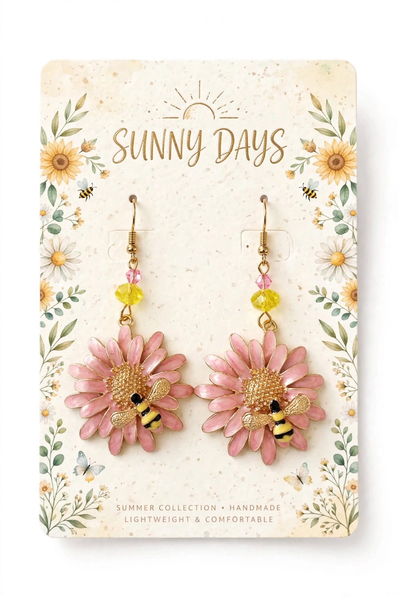 Pink Flower Bee Enamel Earrings - Charming Springtime Dangle Jewelry