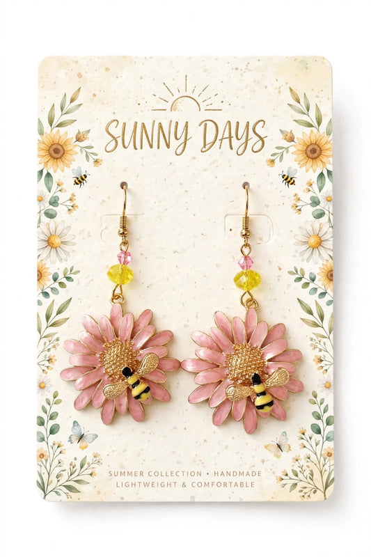 Pink Flower Bee Enamel Earrings - Charming Springtime Dangle Jewelry