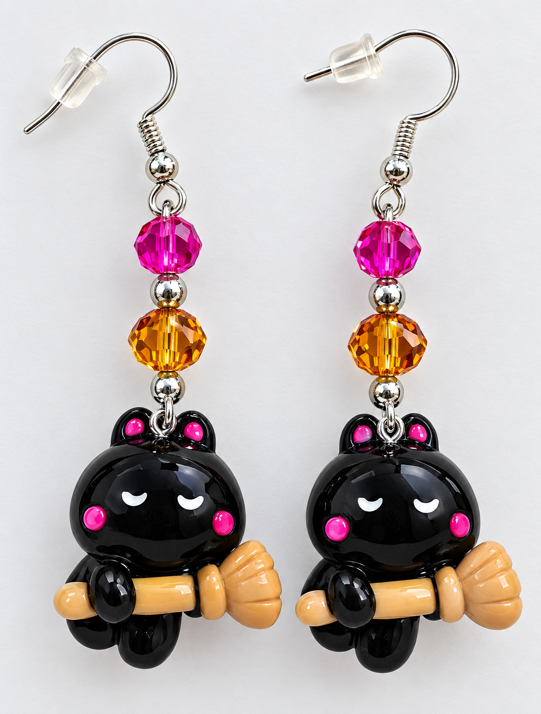 Black Cat Broom Clay Resin Earrings - Special Dangle Jewelry