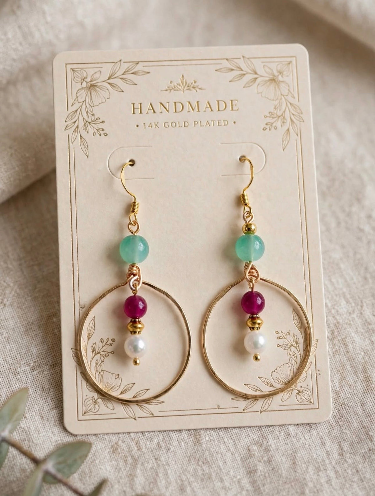 Handmade 14K Gold Plated Hoop Earrings, Green Chalcedony, Ruby Jade & Pearl Dangle Earrings, Boho Gold Hoop Earrings, Gift for Her