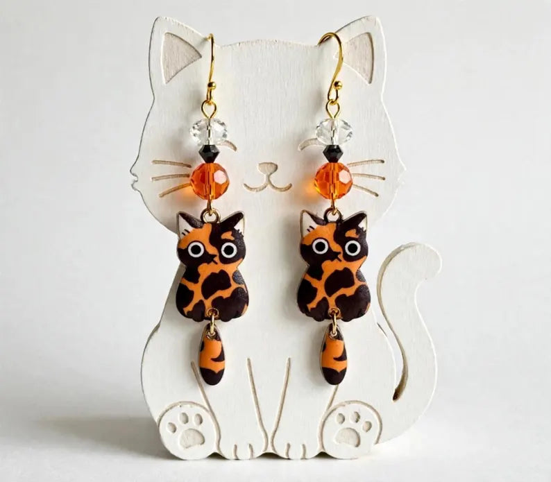 Swinging Cutie Kitty - Black and Orange Pattern Cat Enamel Earrings - Dangle Jewelry