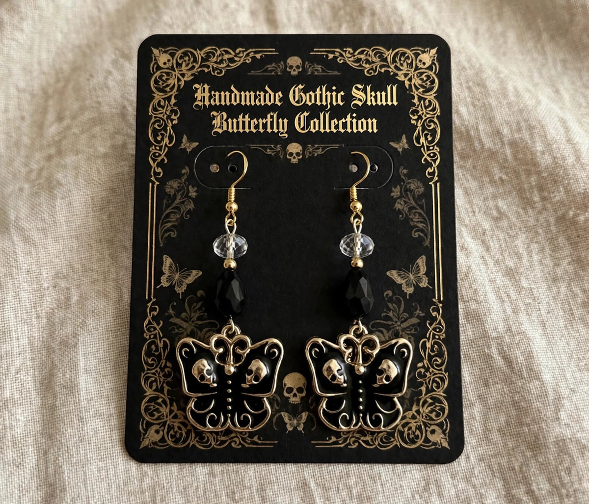 Gothic Black Butterfly Skull Earrings - Enamel Dark Dangle Jewelry