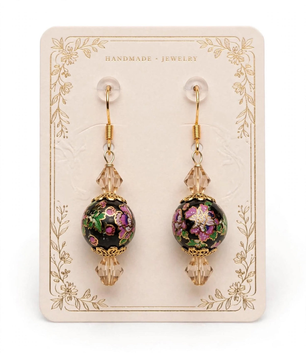 Floral Black Bead Glass Earrings - Fancy Dangle Jewelry