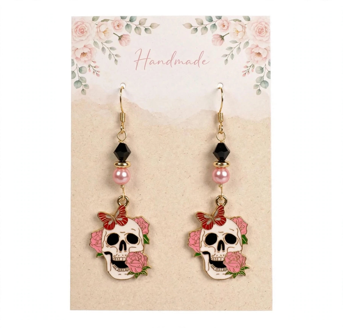 Pink Rose Sugar Skull Enamel Earrings - Day of the Dead Dangle Jewelry