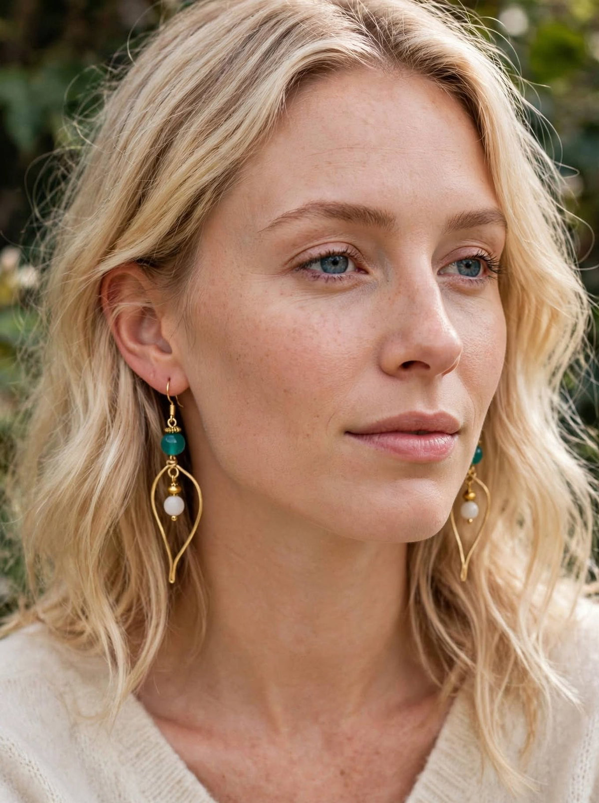 Emerald Green Jade Leaf Earrings - Gold Teardrop  Earrings - White Moonstone Dangle Earrings - Boho Gemstone Earrings - Gift for Her