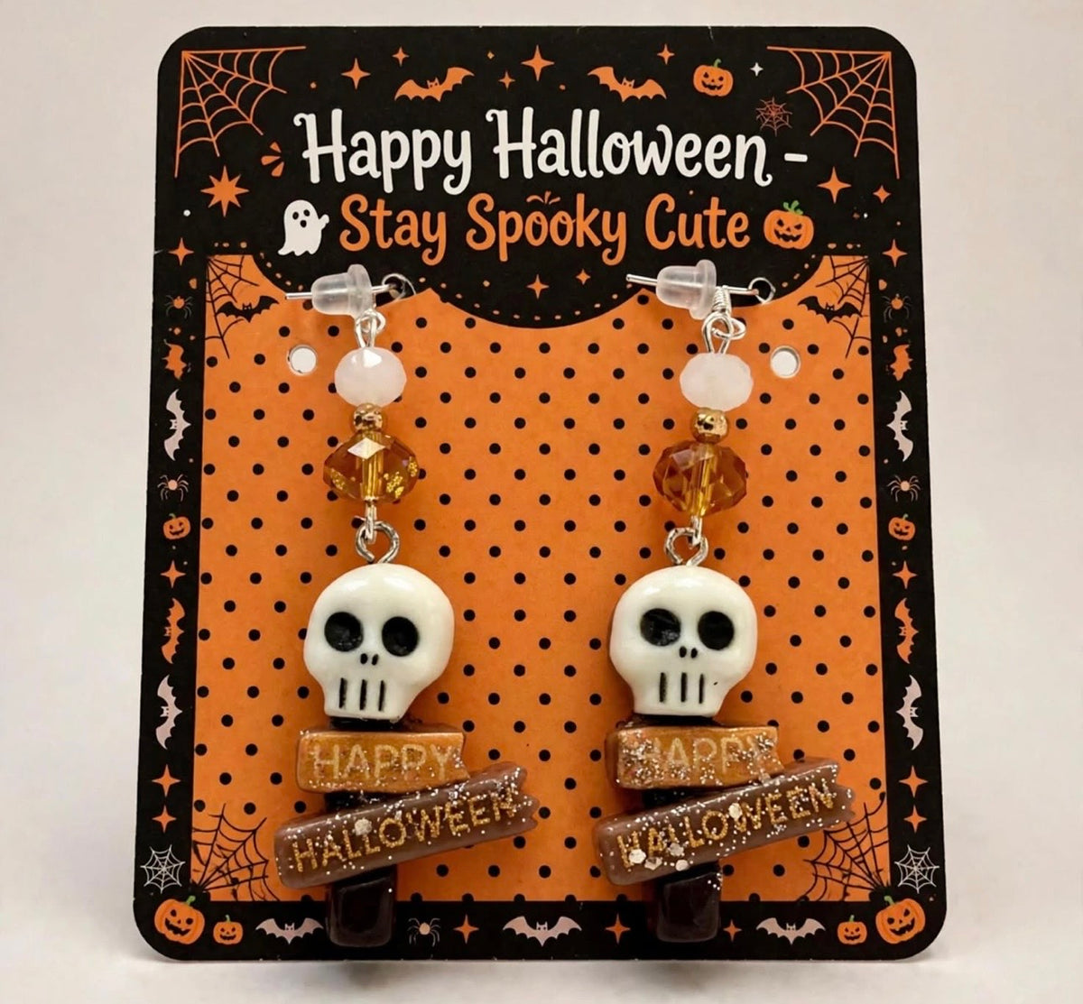 Spooky Skull & Happy Halloween Clay Resin Dangle Earrings