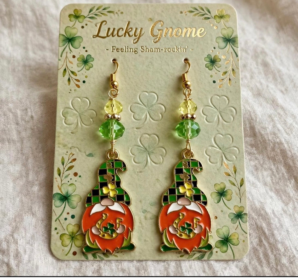 St. Patrick's Day Themed Shamrock Gnome Enamel Earrings - Magical Charming Dangle Jewelry
