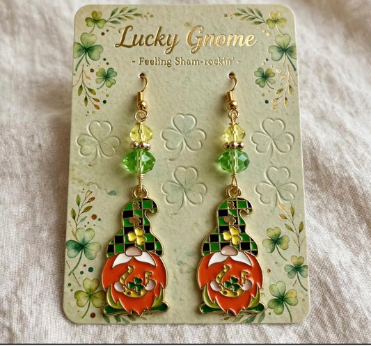 St. Patrick's Day Themed Shamrock Gnome Enamel Earrings - Magical Charming Dangle Jewelry