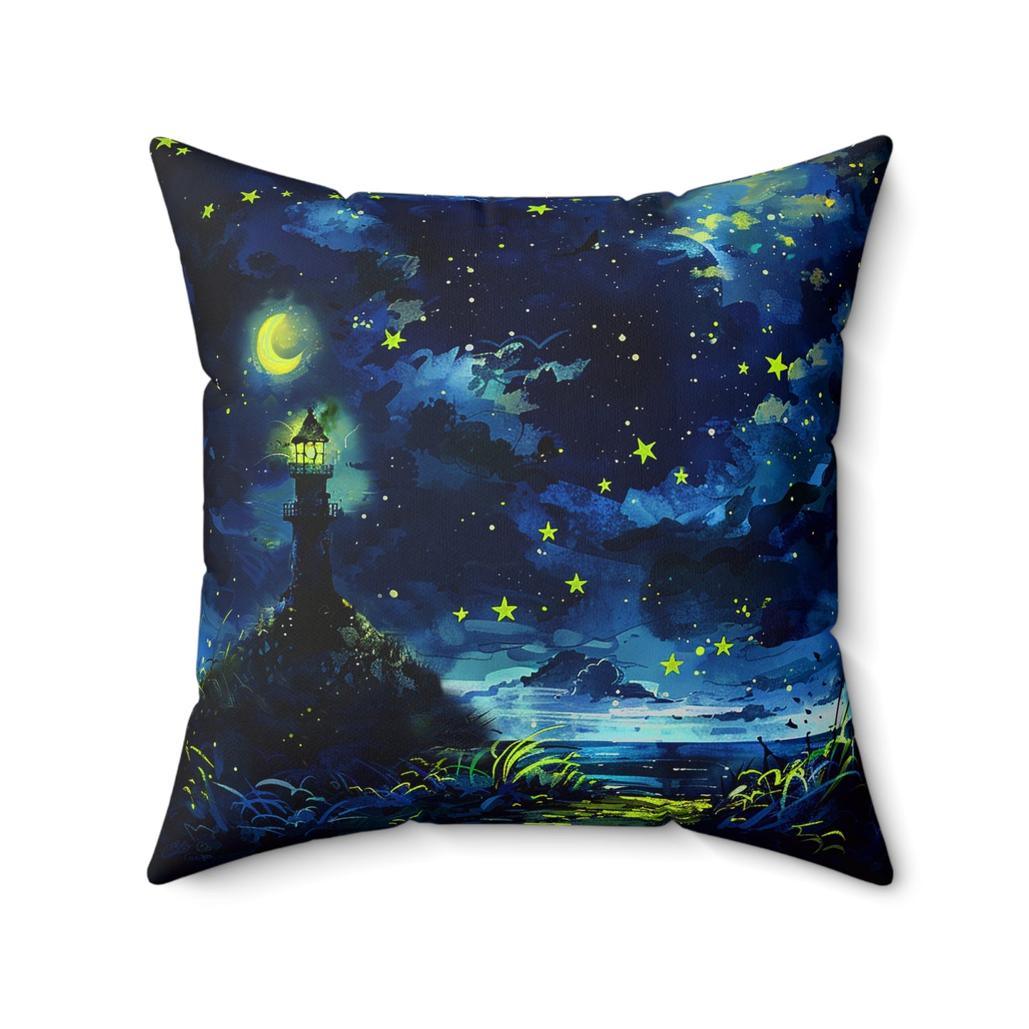 Moonlight Lighthouse Square Polyester Square Pillow