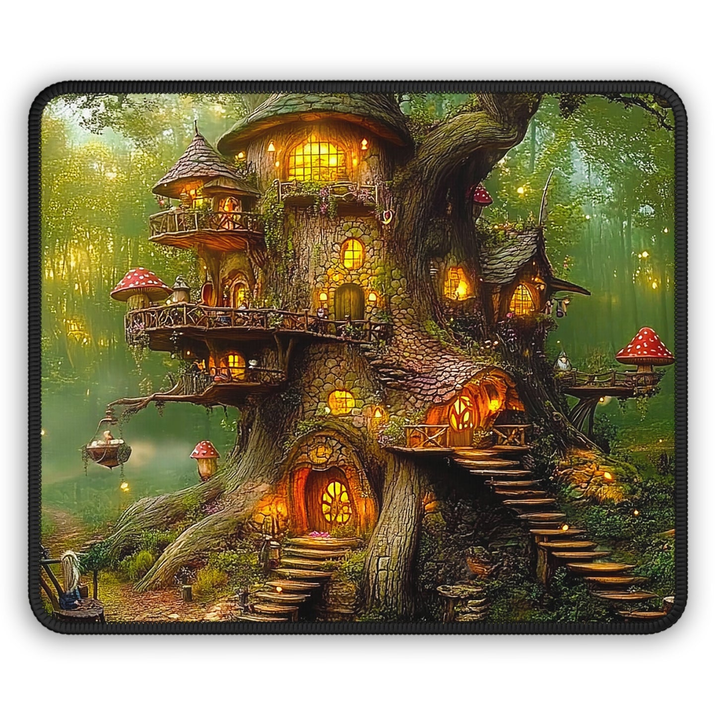 Fantasy Forest Gnome Village Treehouse Gaming Mouse Pad