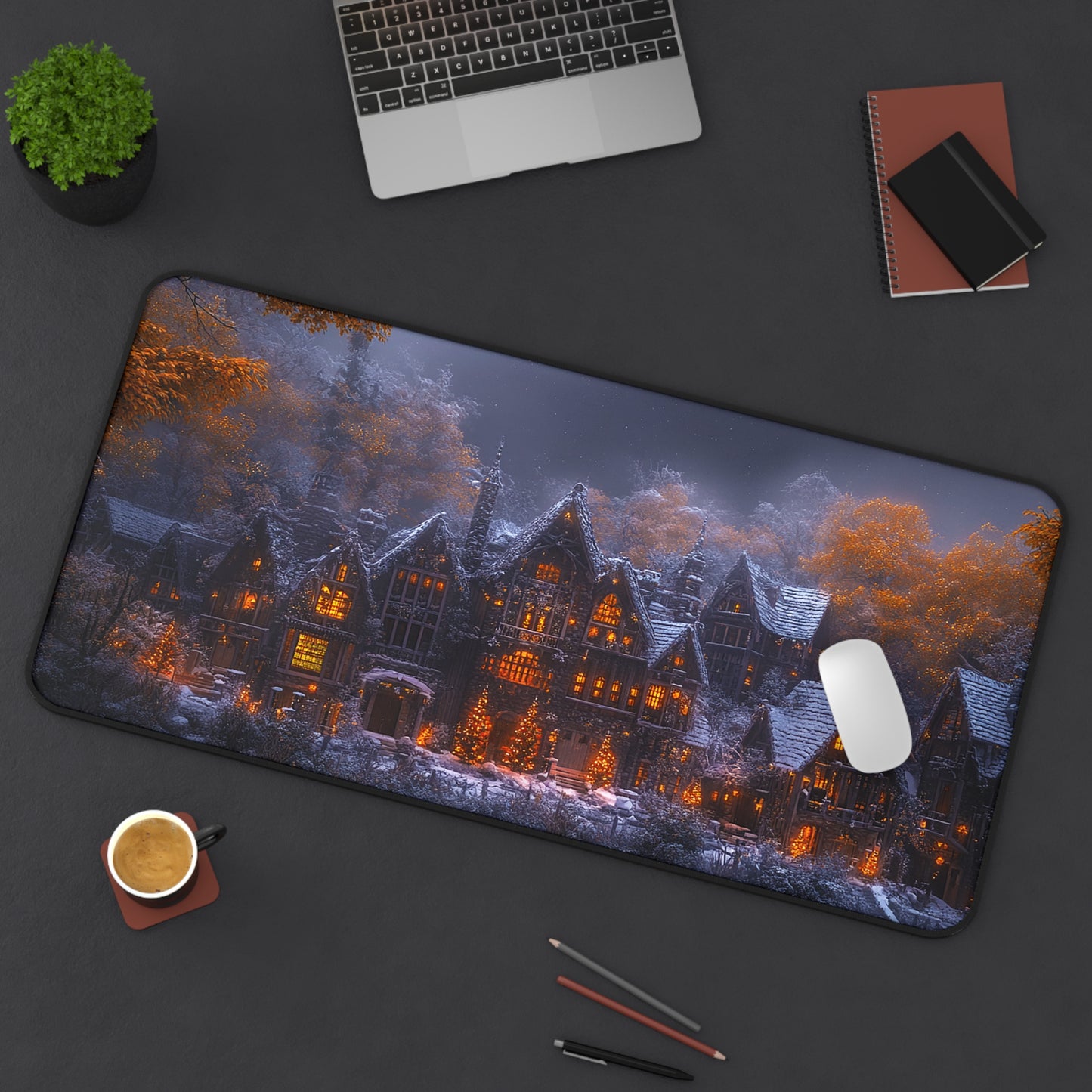 Rustic Winter Village Desk Mat - Lovely Snowy Desk Mat for Gamers - Holiday Gift Idea