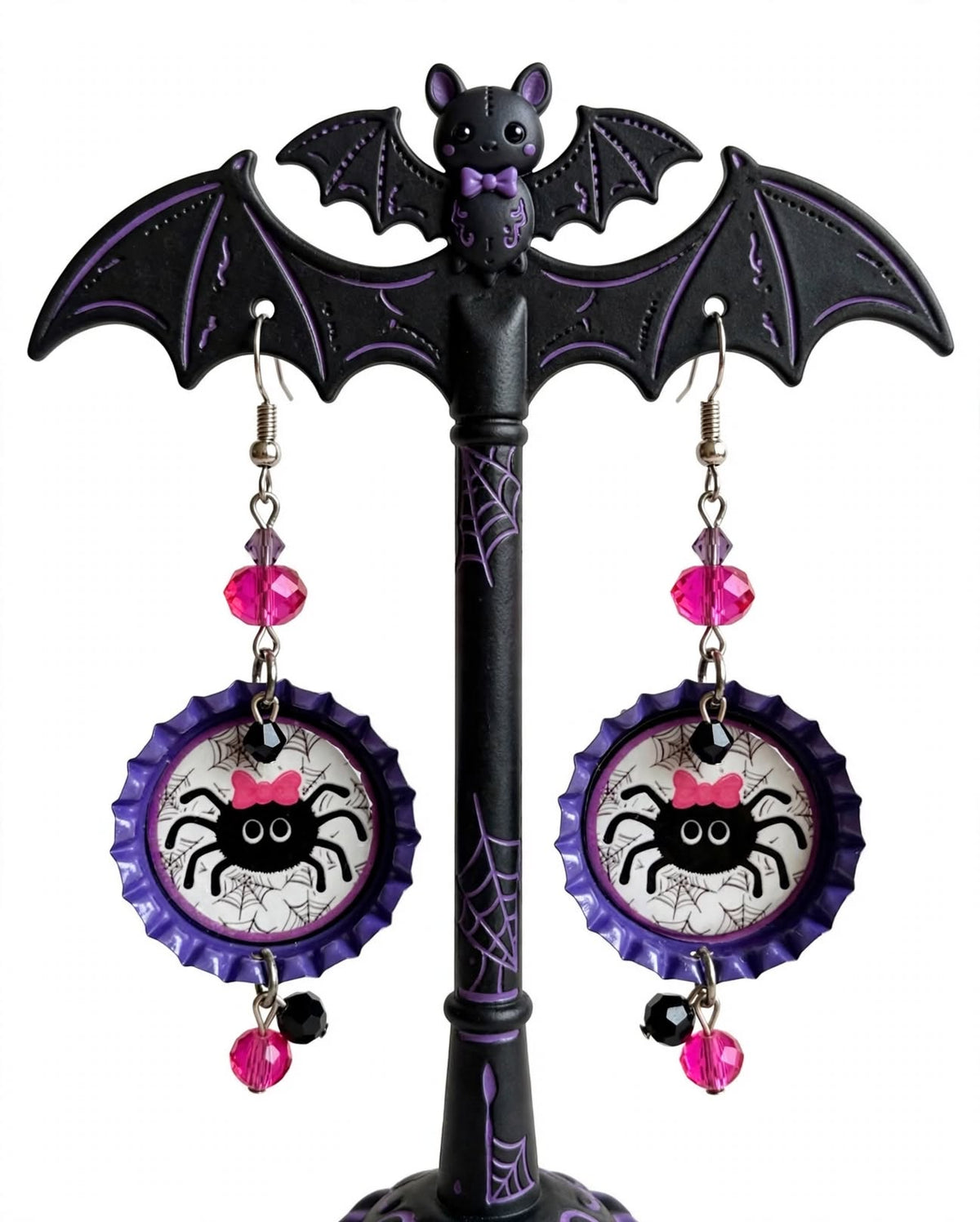 Halloween Spider Bottlecap Earrings - Spooky Cute Dangle Jewelry