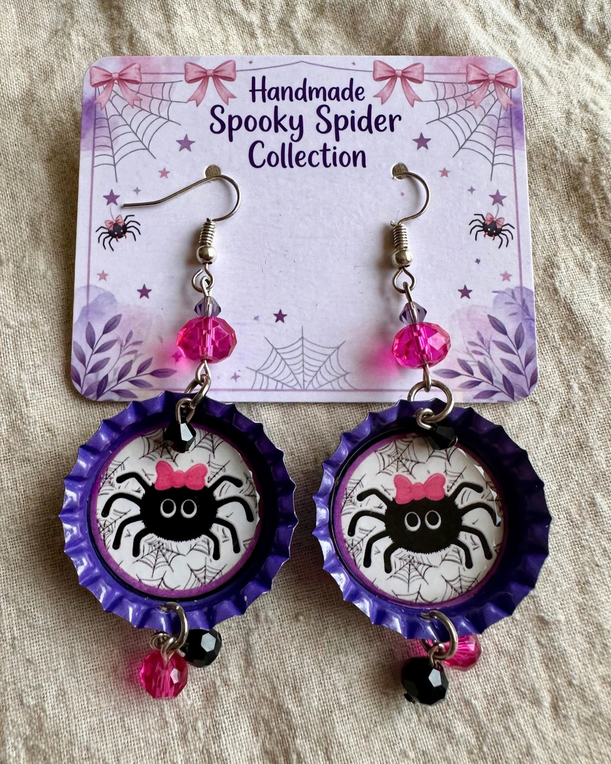 Halloween Spider Bottlecap Earrings - Spooky Cute Dangle Jewelry