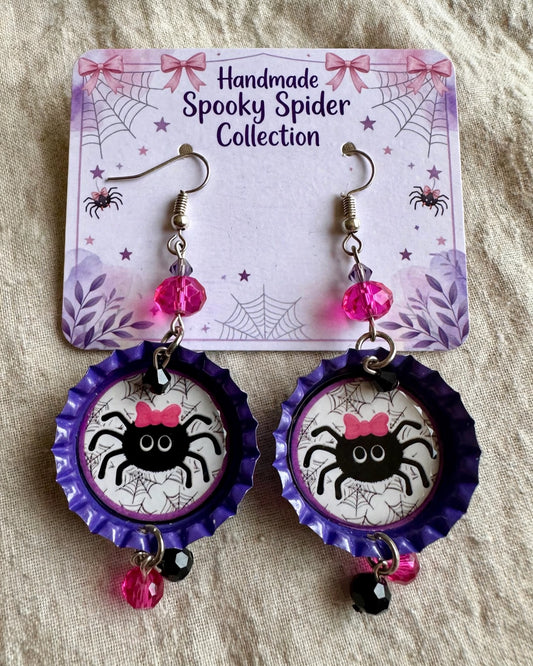 Halloween Spider Bottlecap Earrings - Spooky Cute Dangle Jewelry