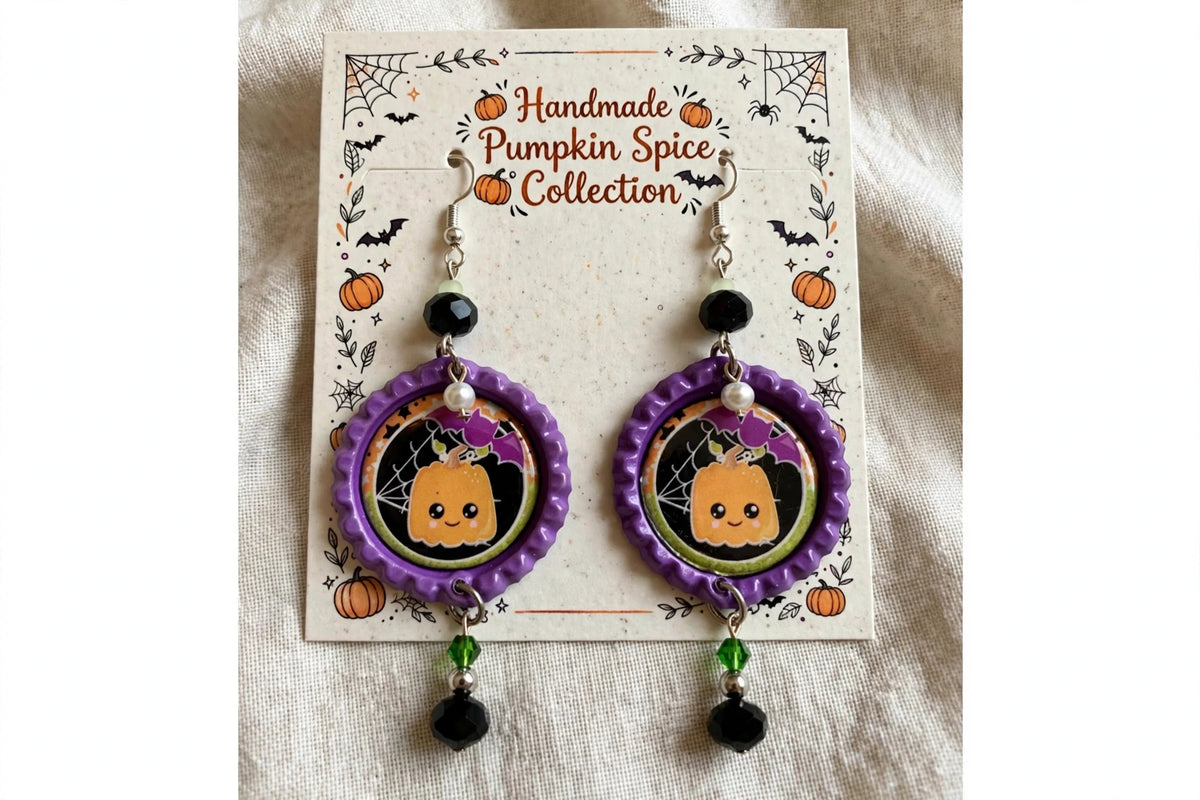 Halloween Cute Pumpkin & Bat Bottlecap Earrings - Adorable Dangle Jewelry