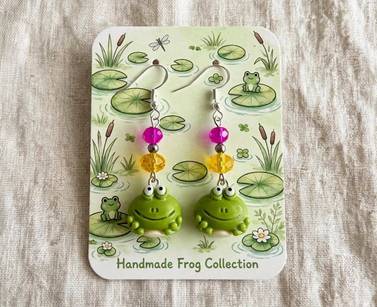 Grinning Happy Frog Clay & Resin Earrings - Sweet Cuties Dangle Jewelry