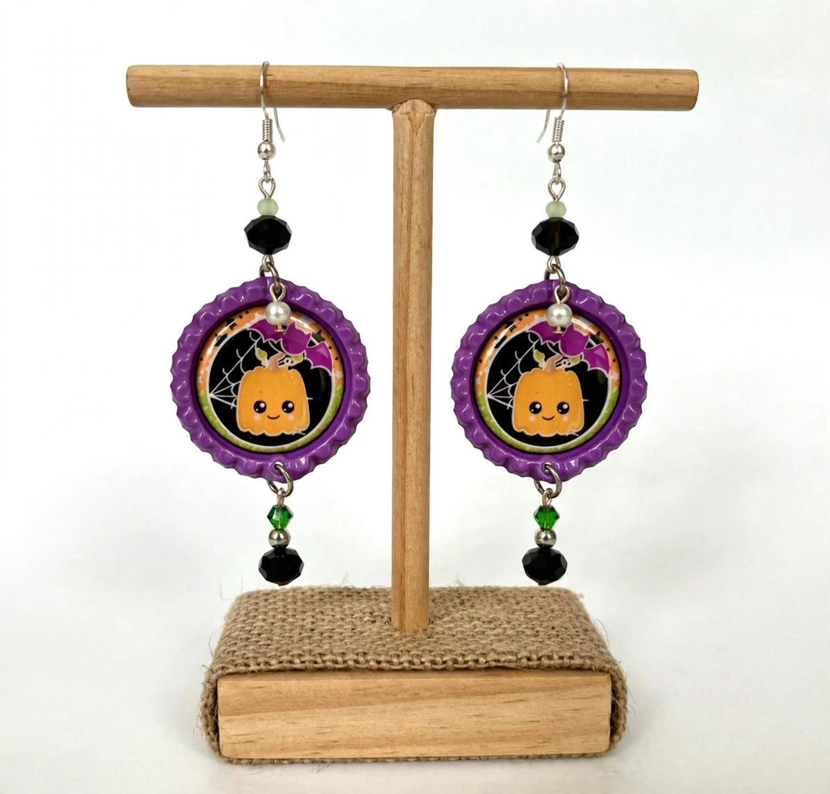 Halloween Cute Pumpkin & Bat Bottlecap Earrings - Adorable Dangle Jewelry