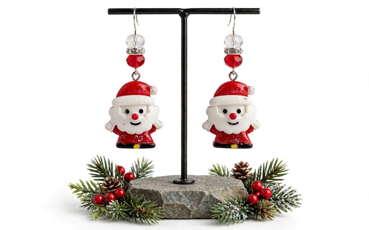 Jolly & Bright Santa Claus Earrings - Christmas Dangle Clay & Resin Jewelry