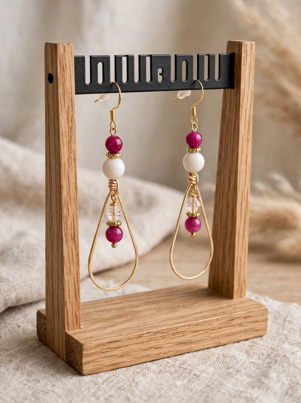 Fuchsia Jade Teardrop Hoop Earrings,  Boho Gemstone Dangles, Fuchsia and White Jade Teardrop Earring