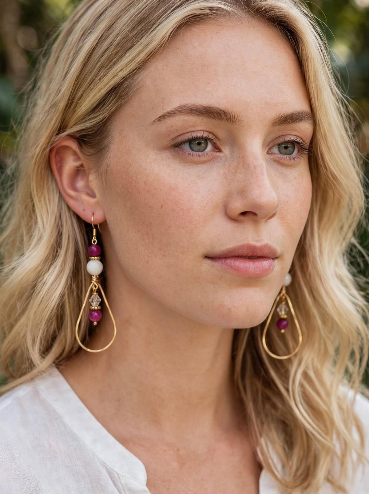 Fuchsia Jade Teardrop Hoop Earrings,  Boho Gemstone Dangles, Fuchsia and White Jade Teardrop Earring